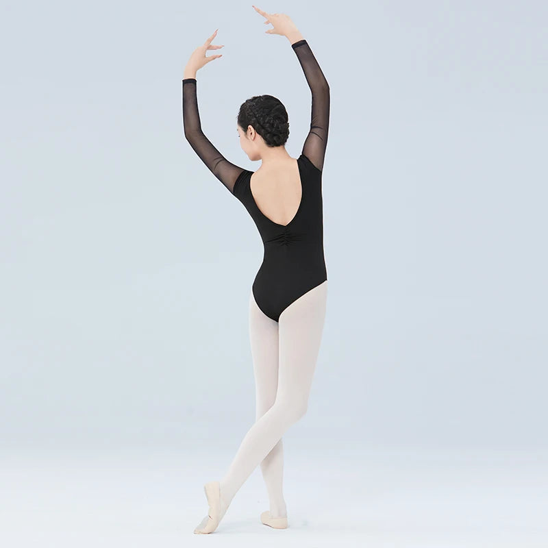 Women's Long Sleeve Ballet Leotard with Mesh Panels and V Back