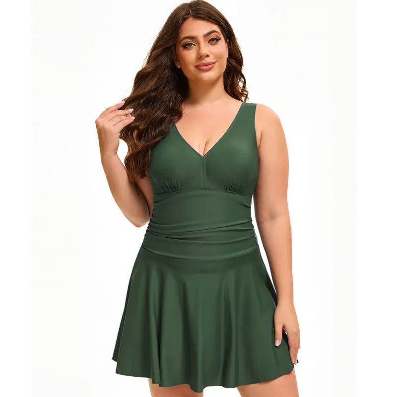 Women's V Neck Ruched Waist Skirted Swimdress Bathing Suit