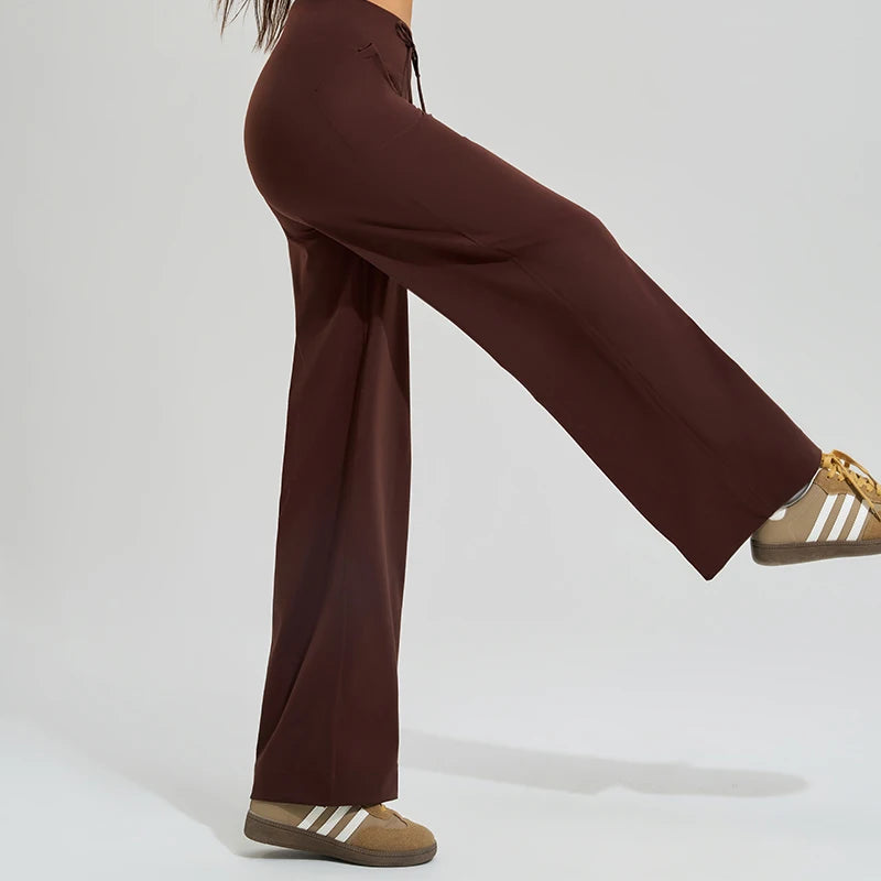 Women's Drawstring Waist Nylon Blend Wide Leg Workout Pants with Pockets