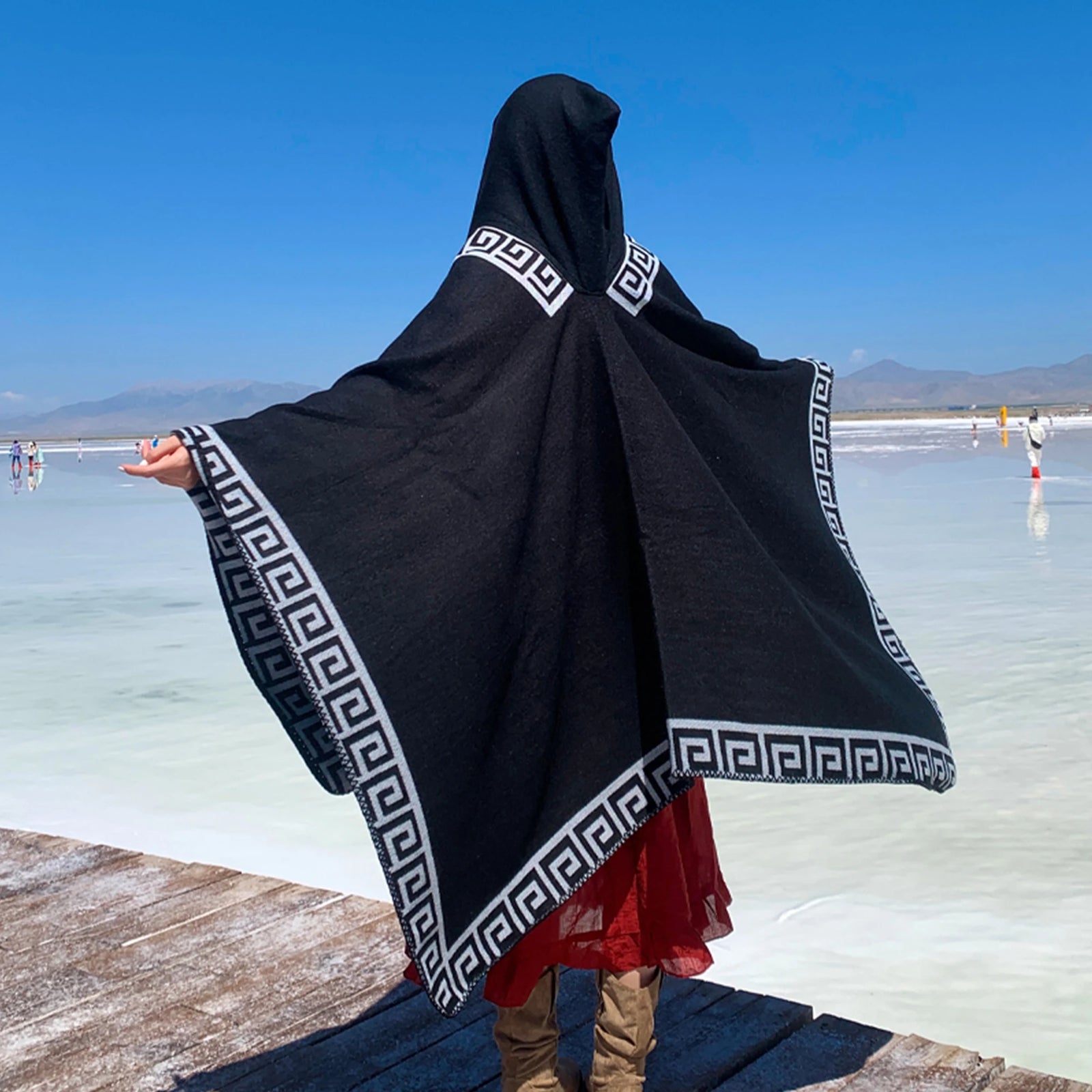 Hooded Geometric Border Poncho for Layering over Outfits