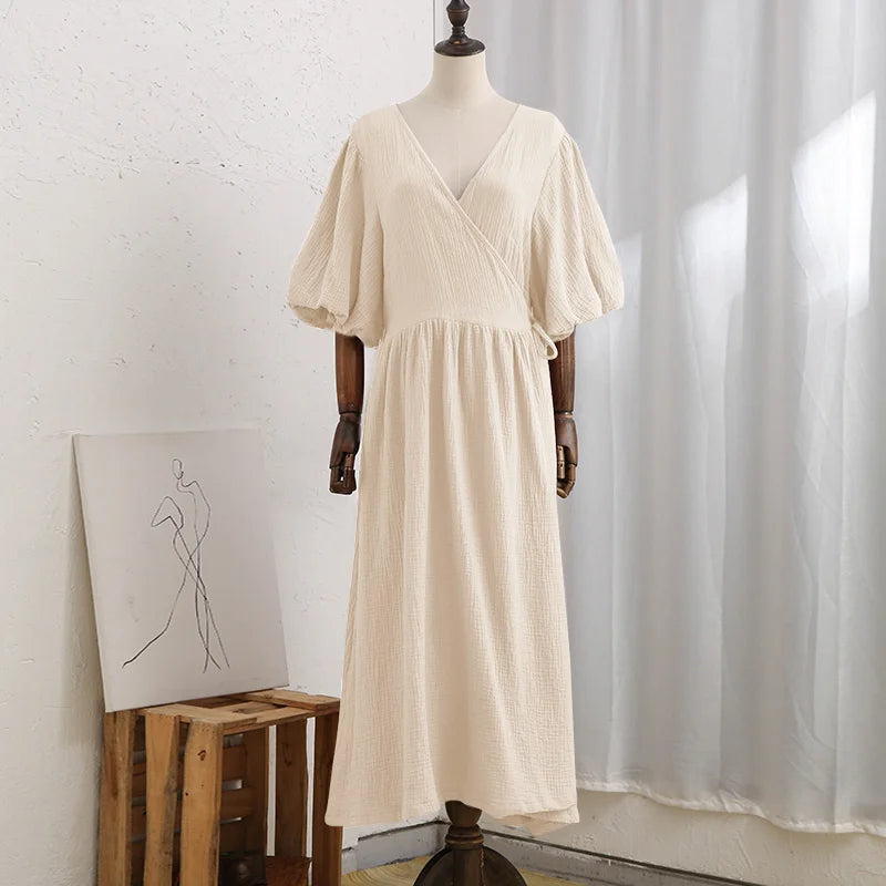 Women's Cotton V-Neck Short-Sleeve Loose A-Line Midi Dress for Casual Summer Outfits