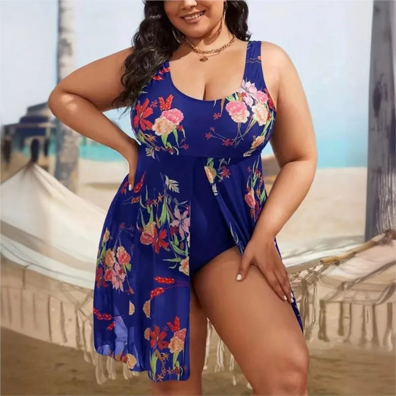 Women's Printed Scoop Neck Swimdress with Side Tie Skirt Overlay