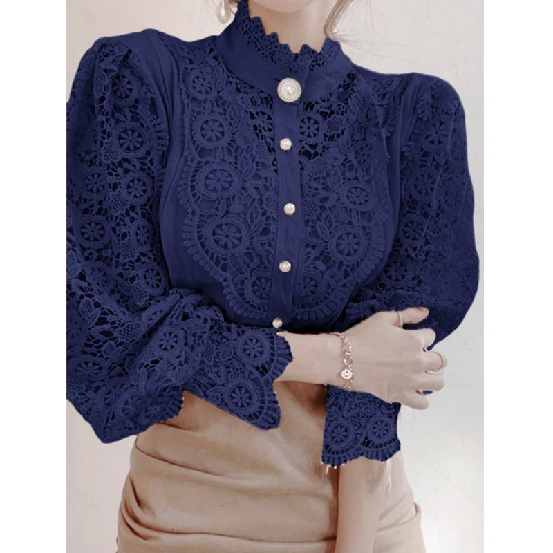 Women's Lace Stand Collar Long Sleeve Button Front Blouse
