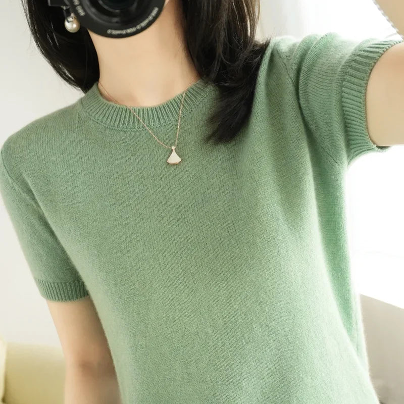 Women's Crew Neck Short Sleeve Sweater Casual Knit Layer