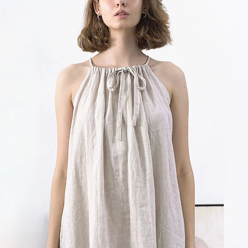 Women's Linen Sleeveless Loose A-Line Ankle-Length Dress with Straps and Practical Pockets