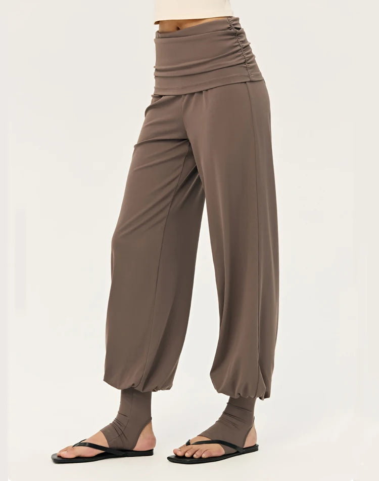 Women's Fold Over Waist Nylon Blend Harem Pants with Loose Legs