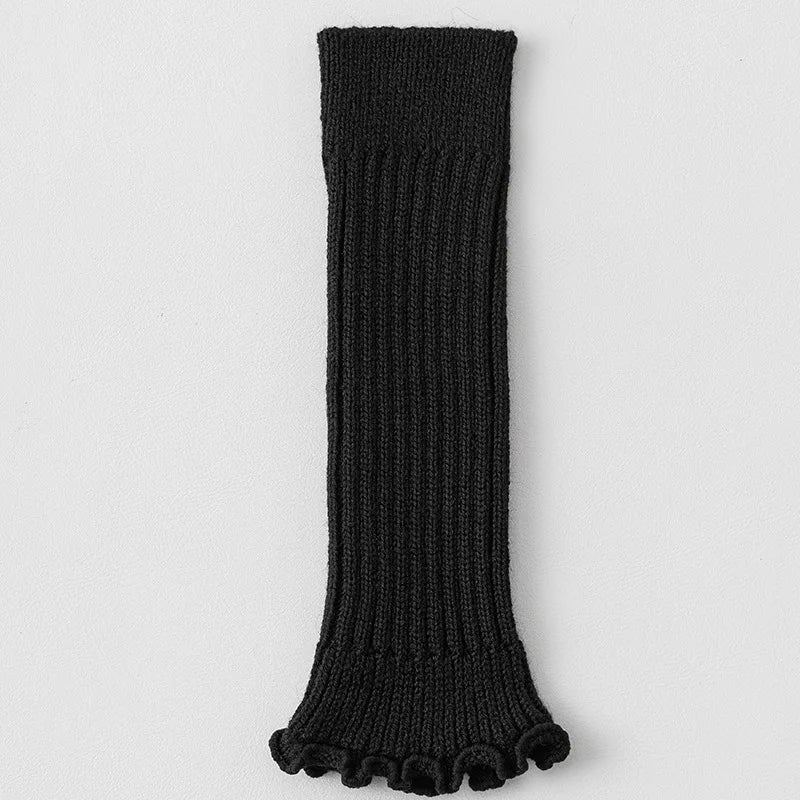 Solid Ribbed Calf Leg Warmers with Ruffled Edge Trim