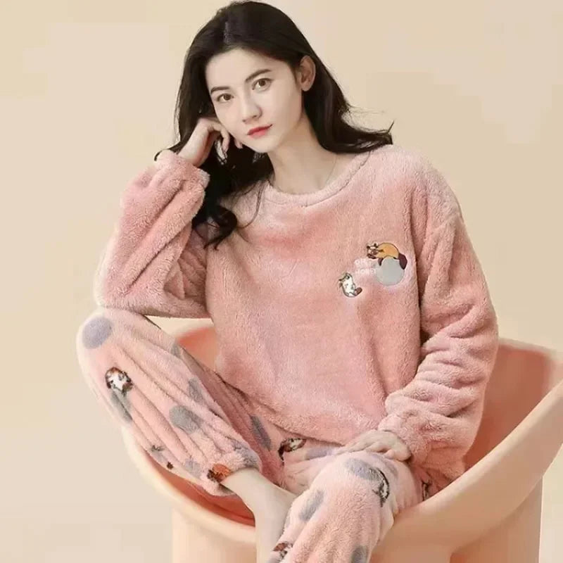 Women's Bear Print Long Sleeve Pajama Set with Top and Pants