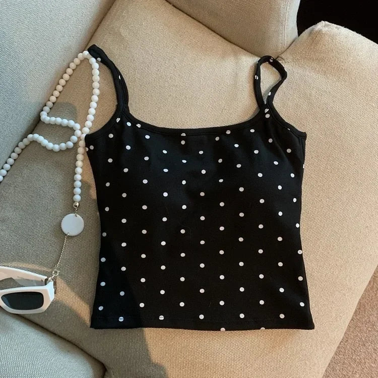 Women's Polka Dot Cotton Camisole with Thin Straps and Cropped Shape