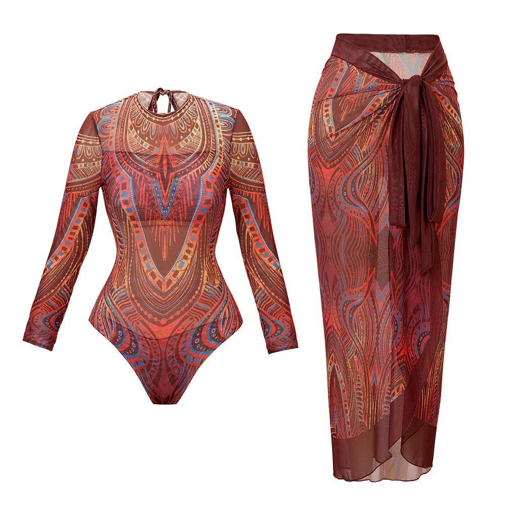 Printed Long Sleeve Swimsuit with Matching Skirt