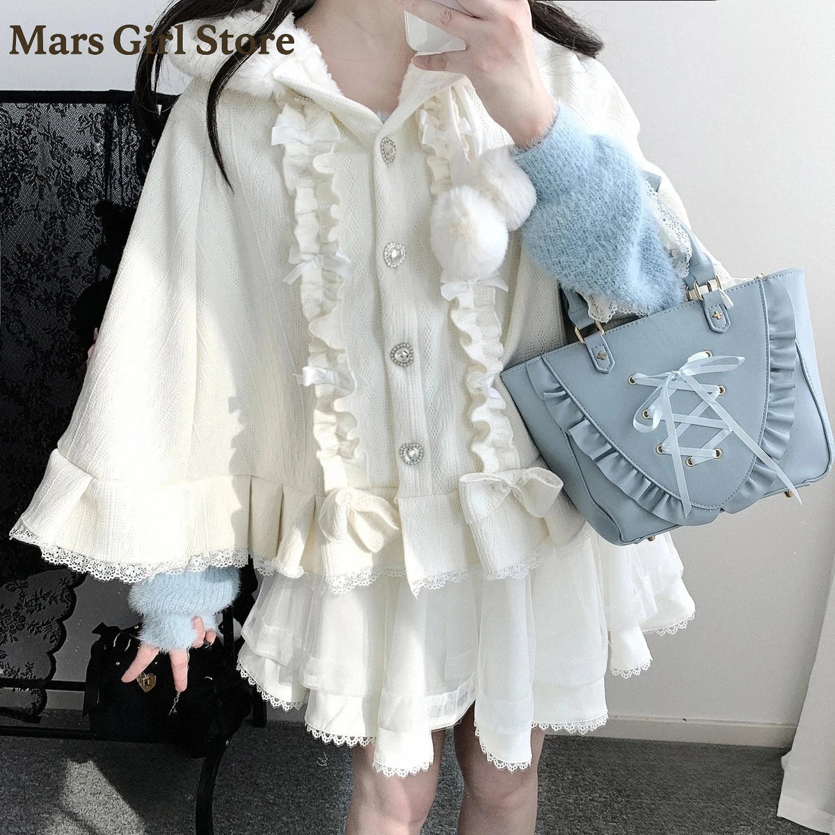 Hooded Bow Ruffle Cape for Layering over Outfits