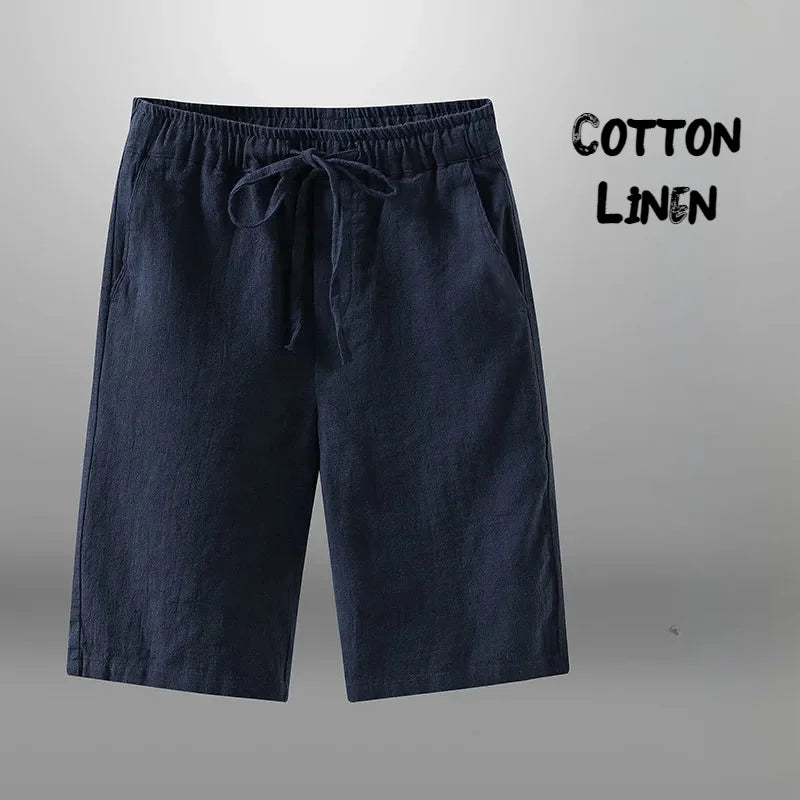 Men’s Cotton-Linen Knee-Length Drawstring Shorts with Pockets and Regular Fit