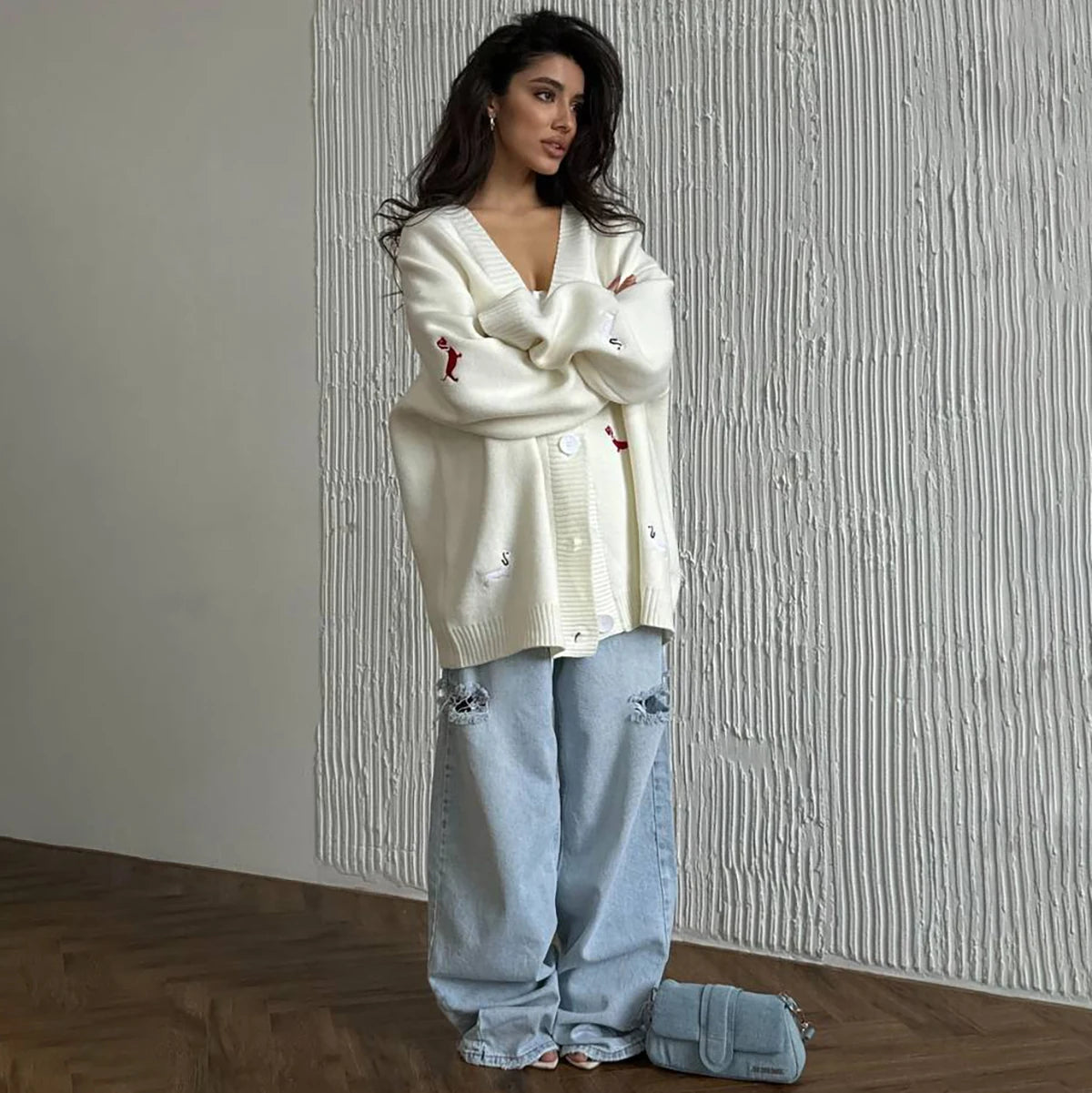 Women's Dog Embroidered Oversized Button Front Cardigan Casual Knit Layer