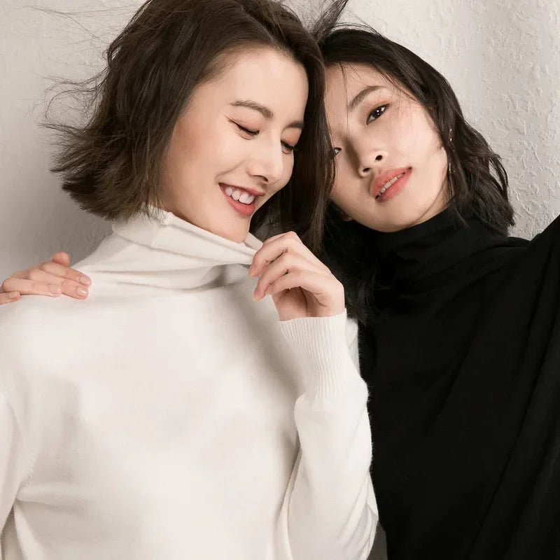 Women's Draped Roll Neck Fine Knit Sweater Casual Knit Layer