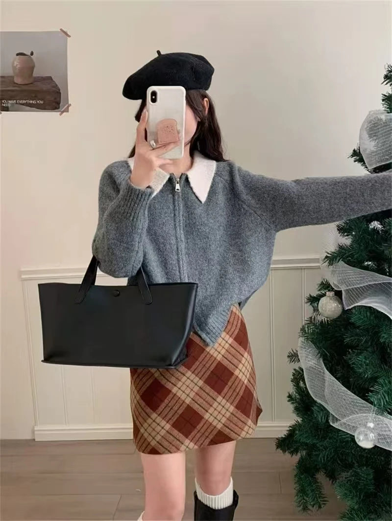 Color-blocked lapel 100% cashmere cardigan women's knitted sweater Loose sweater Wool sweater coat