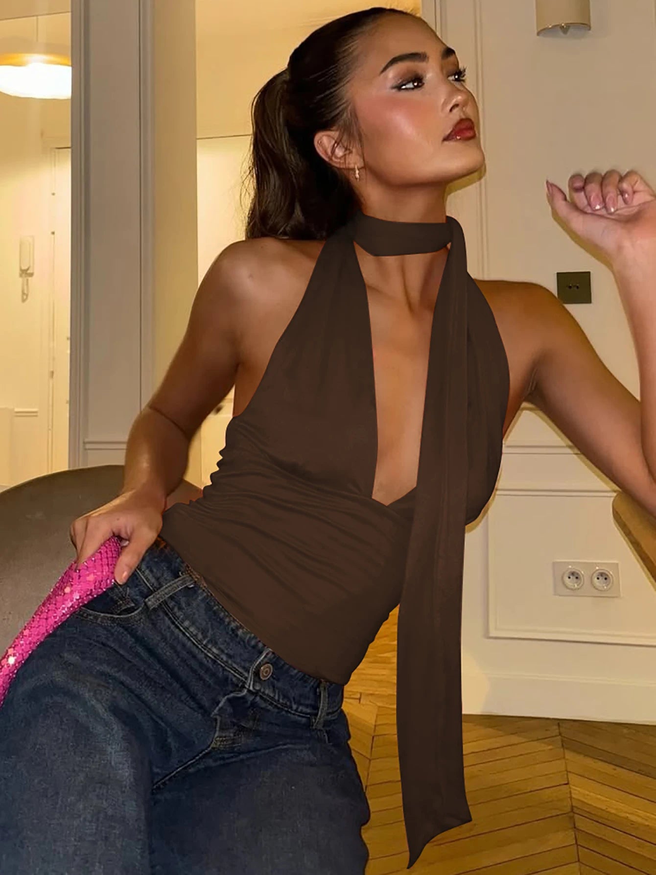 Women's Scarf Tie Polyester Blend Halter Crop Top with Deep V Neck