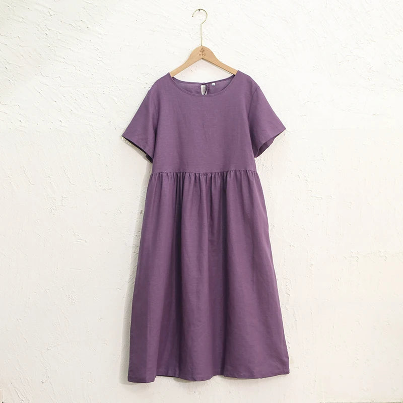 Women's Cotton-Linen Round-Neck Short-Sleeve Loose A-Line Midi Dress with Pockets for Summer