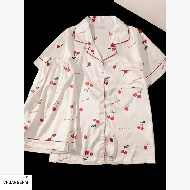 Women's Cherry Print Button Front Pajama Set with Top and Shorts