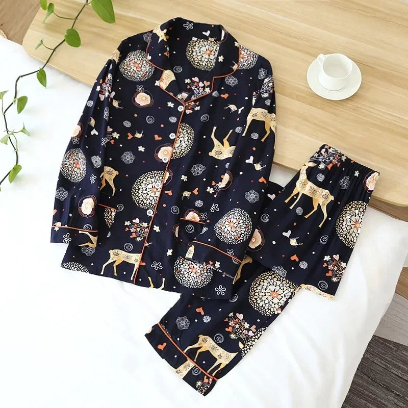 Women's Printed Button Front Pajama Set with Top and Pants