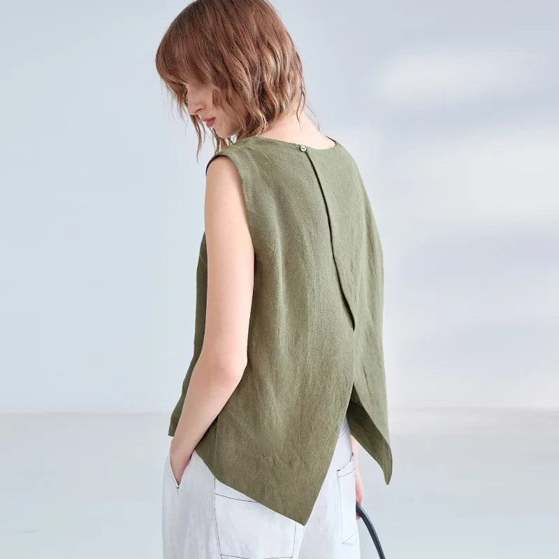 Women's Linen-Lyocell Sleeveless Relaxed Tank Top with Button Detail for Summer Outfits