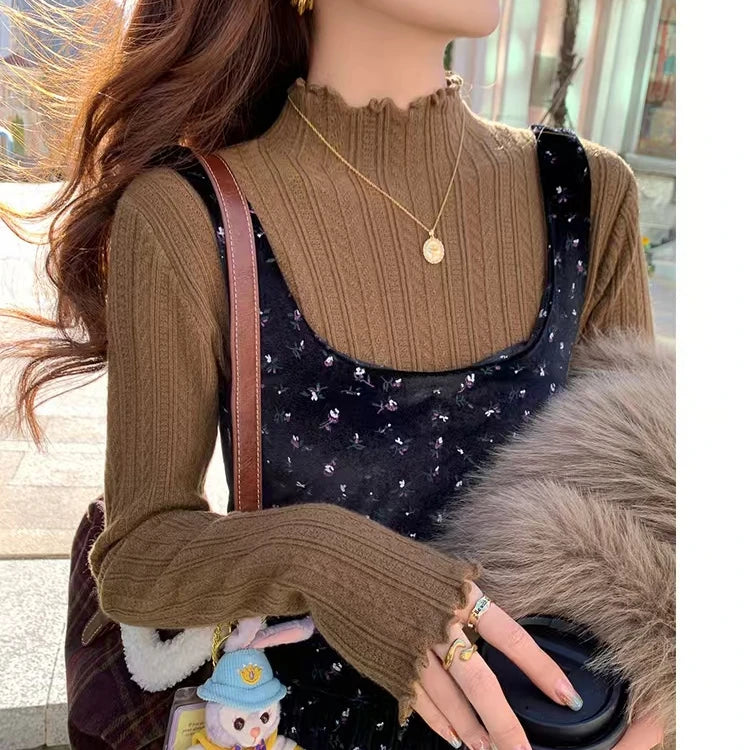 Women's Lettuce Trim Mock Neck Ribbed Sweater Casual Knit Layer
