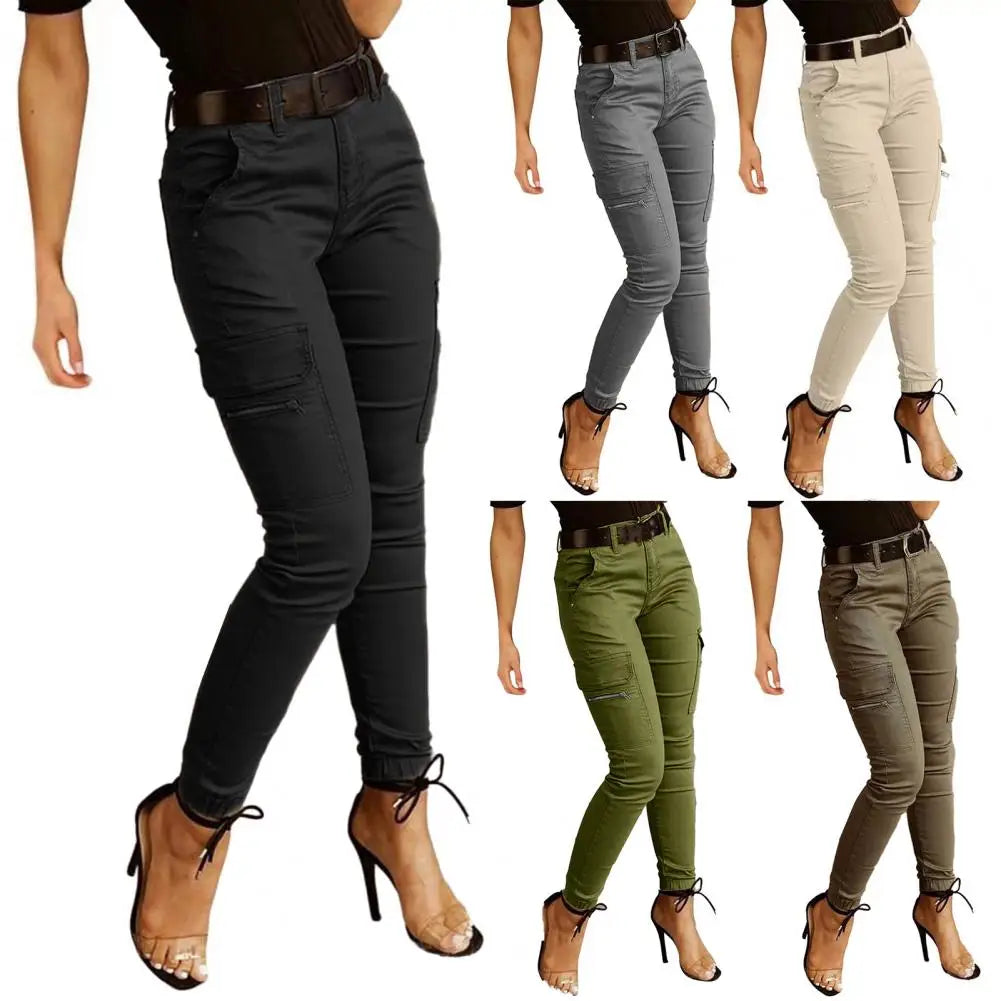 Women's Slim Cargo Pants with Button Fastening and Side Zip Pockets