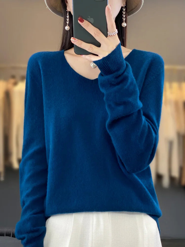 Women's V Neck Long Sleeve Sweater Casual Knit Layer