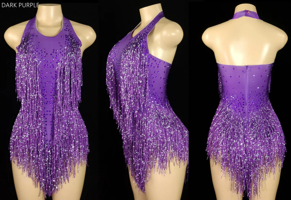 Women's Rhinestone Fringe Halter Dance Bodysuit for Stage Costume Outfits