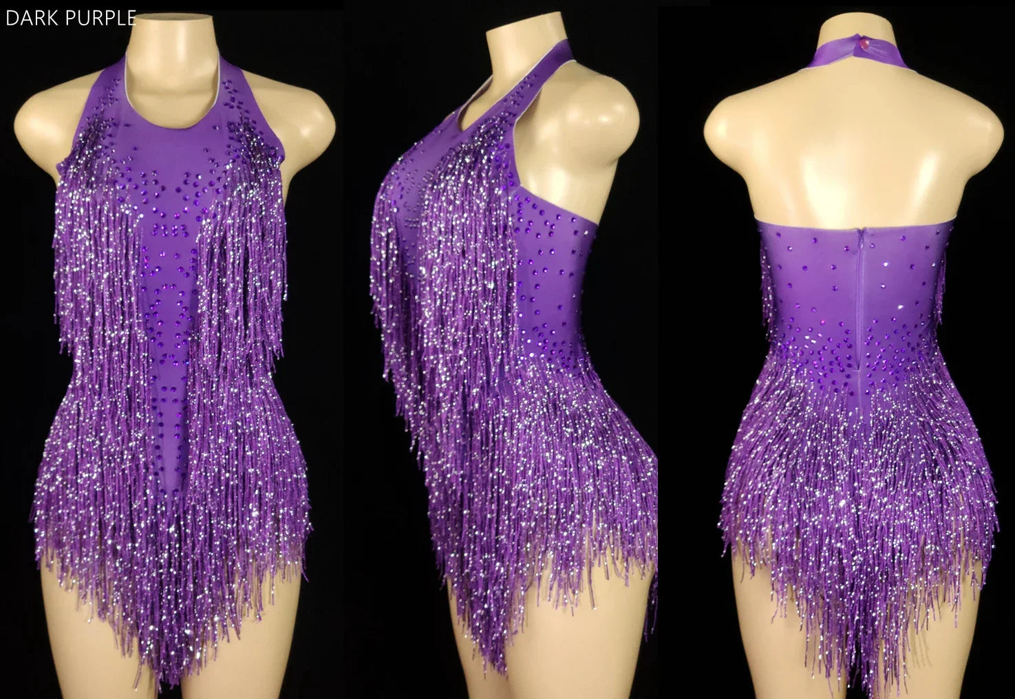 Women's Rhinestone Fringe Halter Dance Bodysuit for Stage Costume Outfits