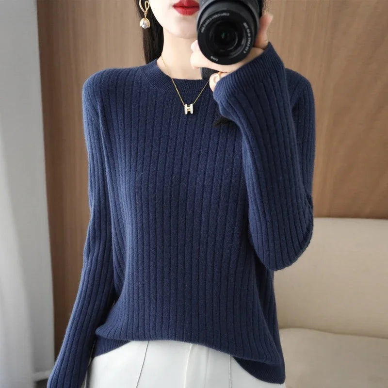 Women's Ribbed Crew Neck Long Sleeve Sweater Casual Knit Layer