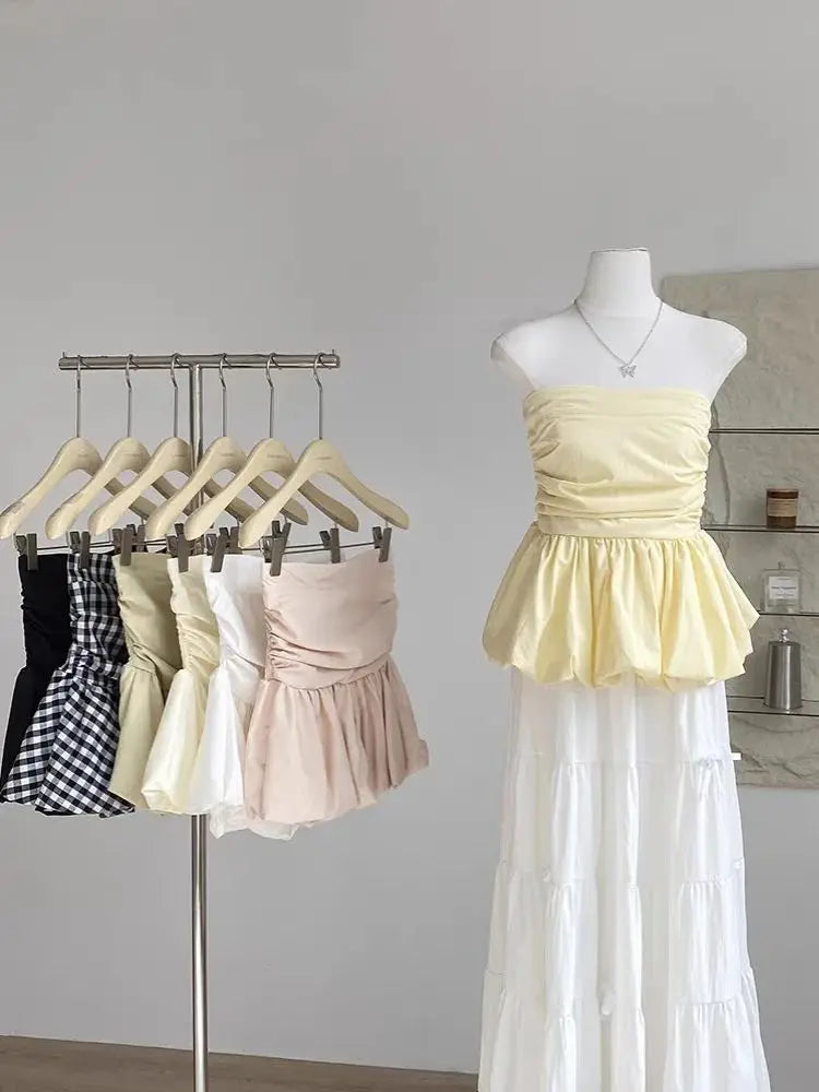 Women's Ruched Strapless Peplum Crop Top with a Gathered Waist