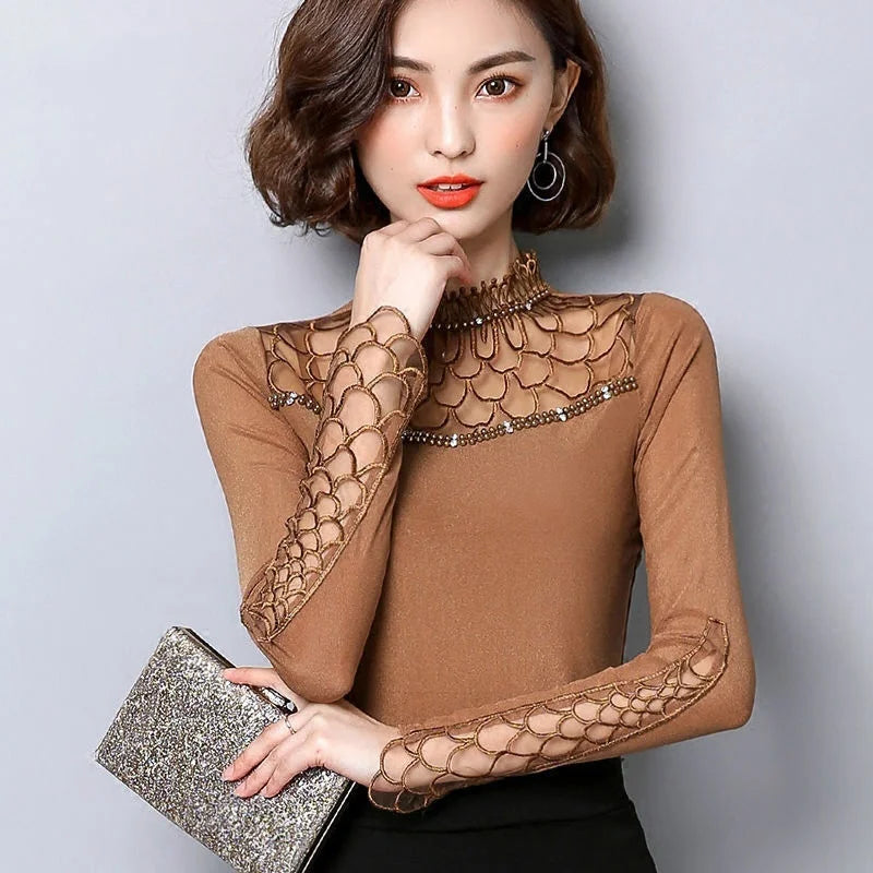 Women's Polyester Long-Sleeve High-Neck Lace Blouse with Geometric Detail for Dressy Outfits