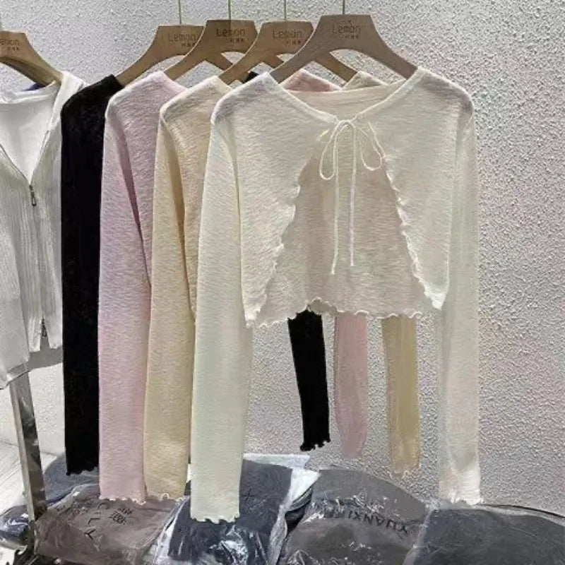 Women's Tie Front Cropped Long Sleeve Cardigan Casual Knit Layer