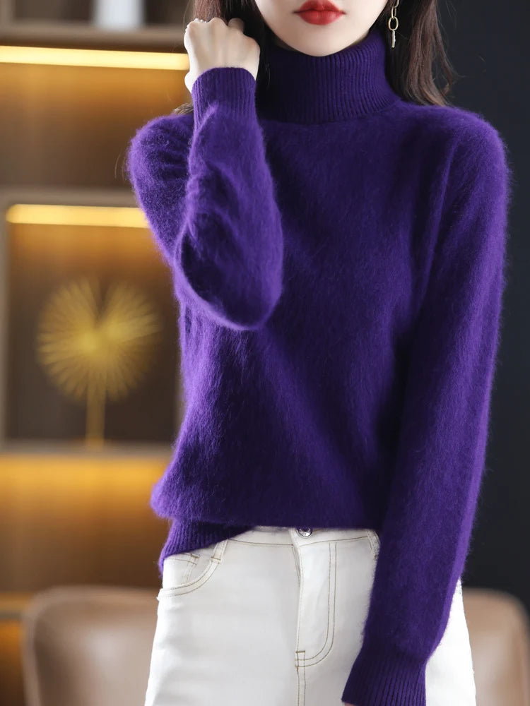 Women's Plain Roll Neck Long Sleeve Sweater Casual Knit Layer