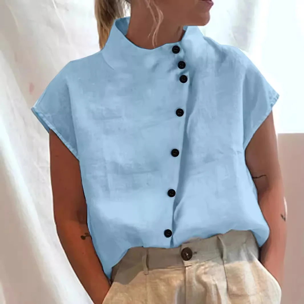 Women's Stand Collar Short Sleeve Button Front Shirt