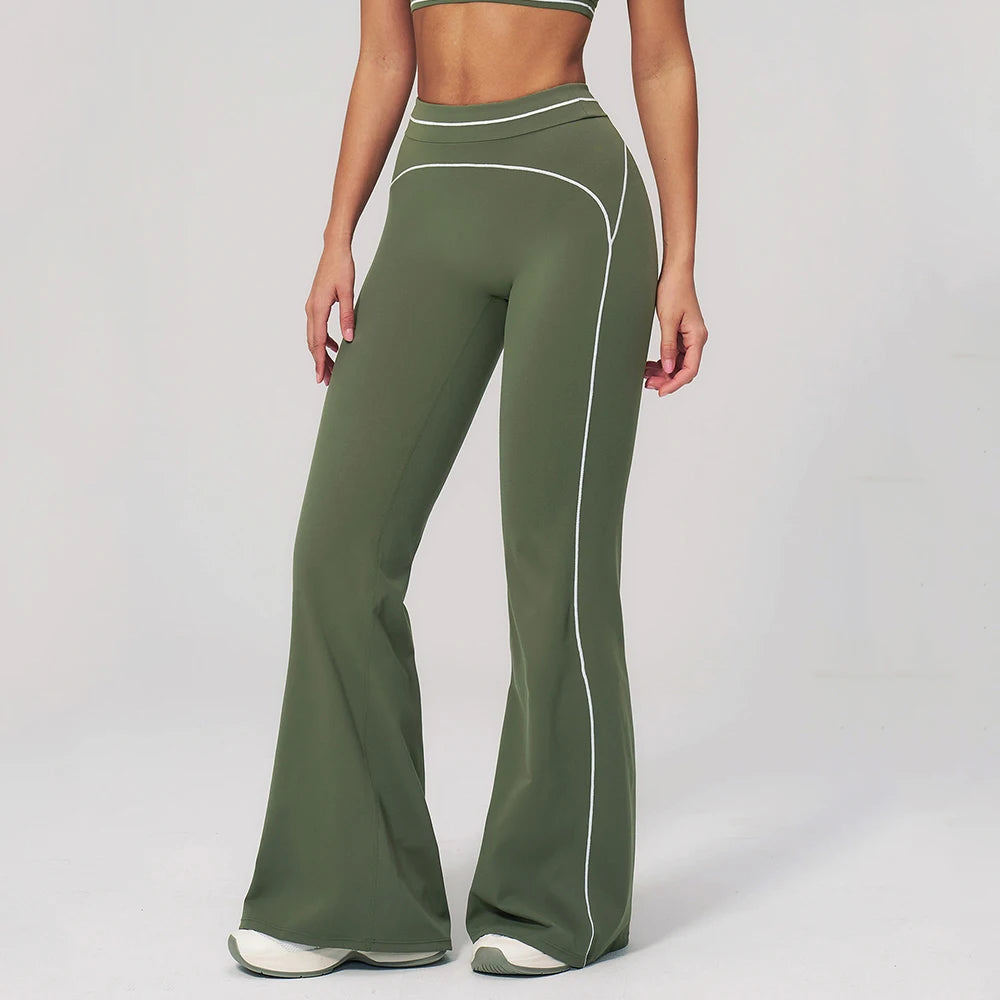 Women's High Waist Flared Workout Pants with Curved Contrast Seam Details