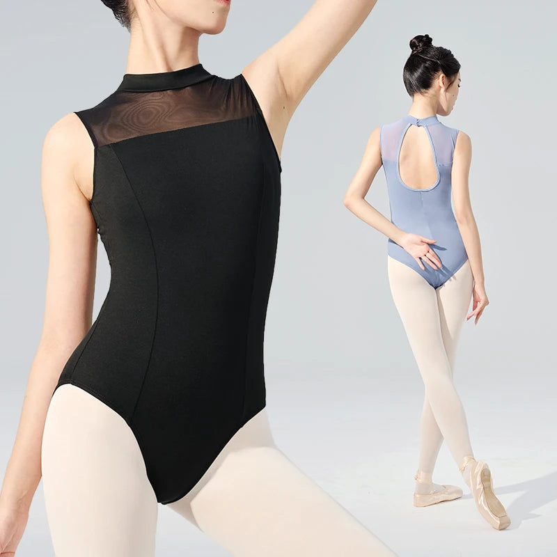 Women's Sleeveless Mock Neck Ballet Leotard with Mesh and Back Cutout
