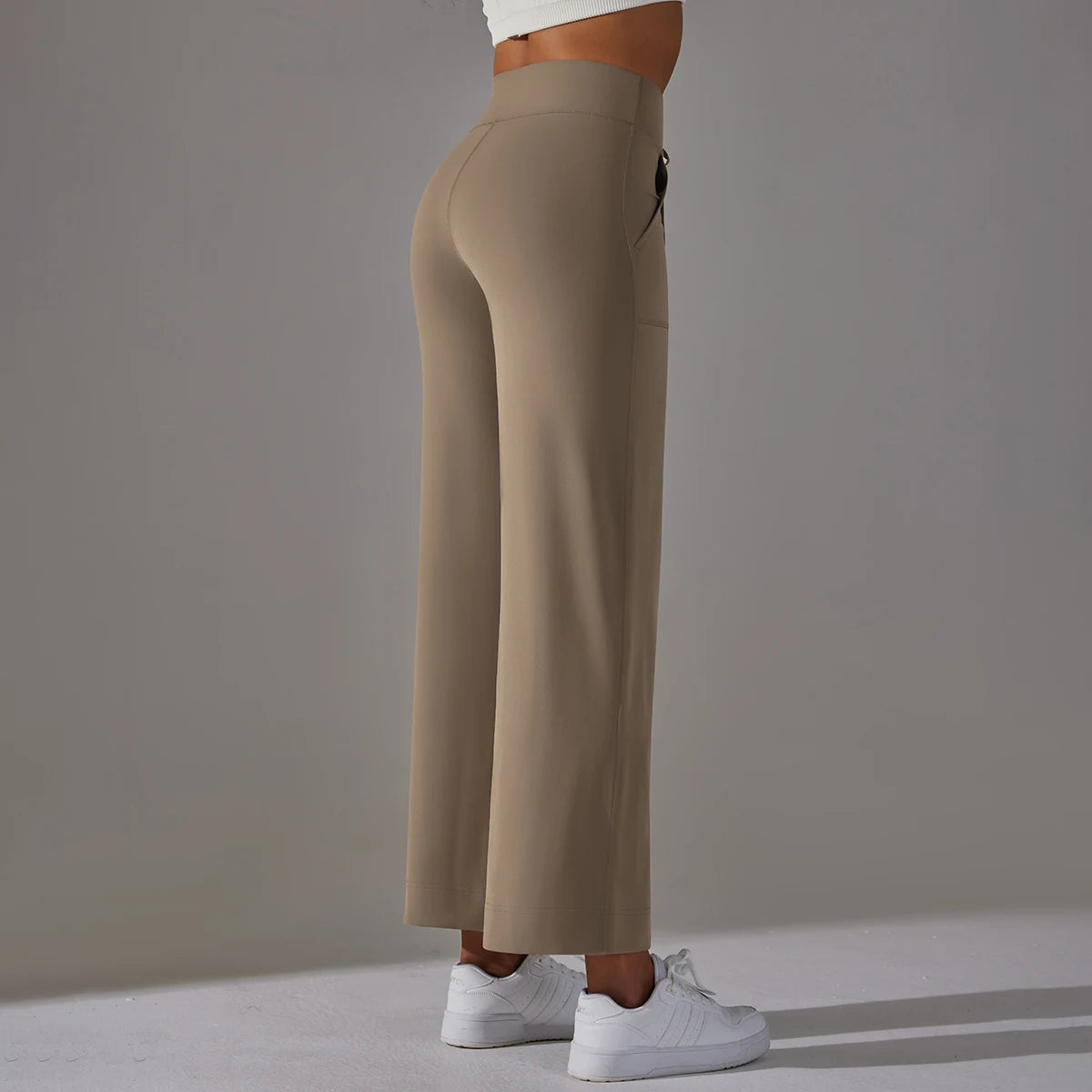 Women's Drawstring Waist Nylon Blend Cropped Wide Leg Pants with Side Pockets