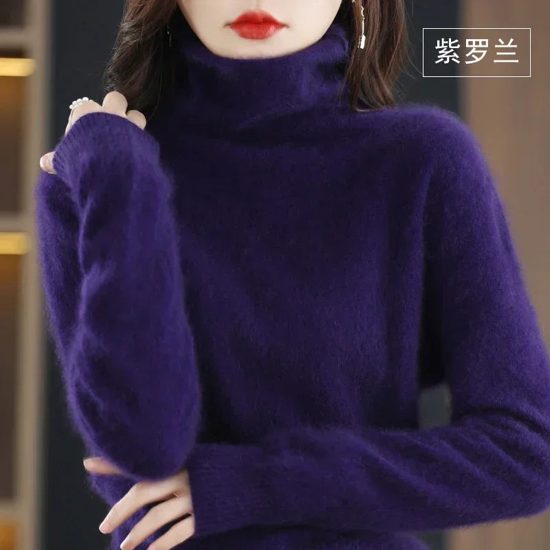 Women's Fluffy Roll Neck Long Sleeve Sweater Casual Knit Layer