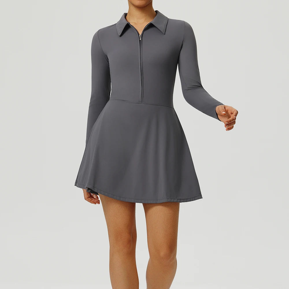 Women's Long Sleeve Nylon Blend Athletic Dress with Collar and Front Zip