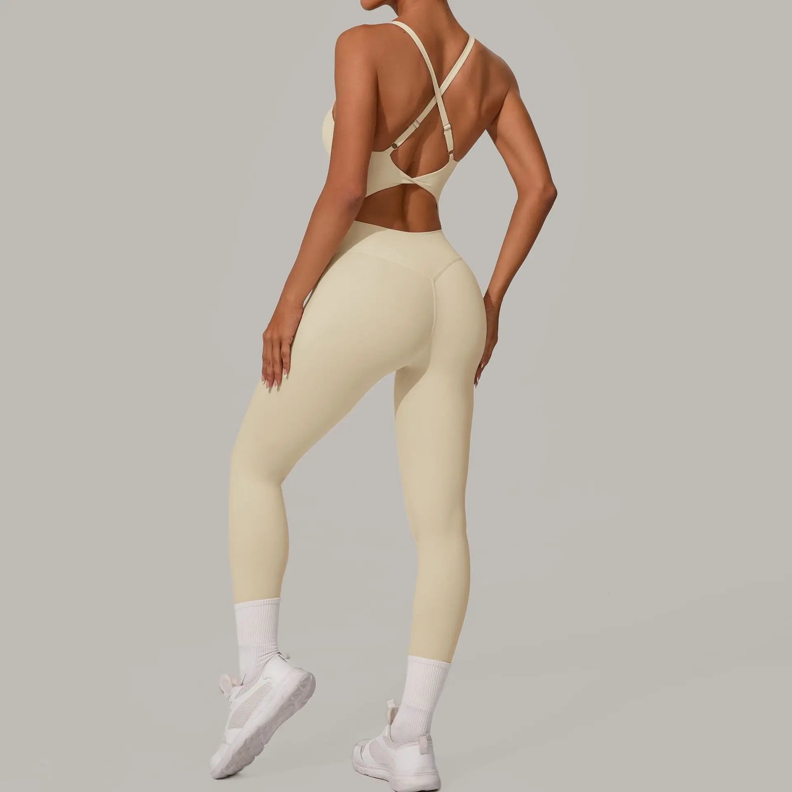 Women's Thin Strap Workout Jumpsuit with Crisscross Back and Fitted Legs