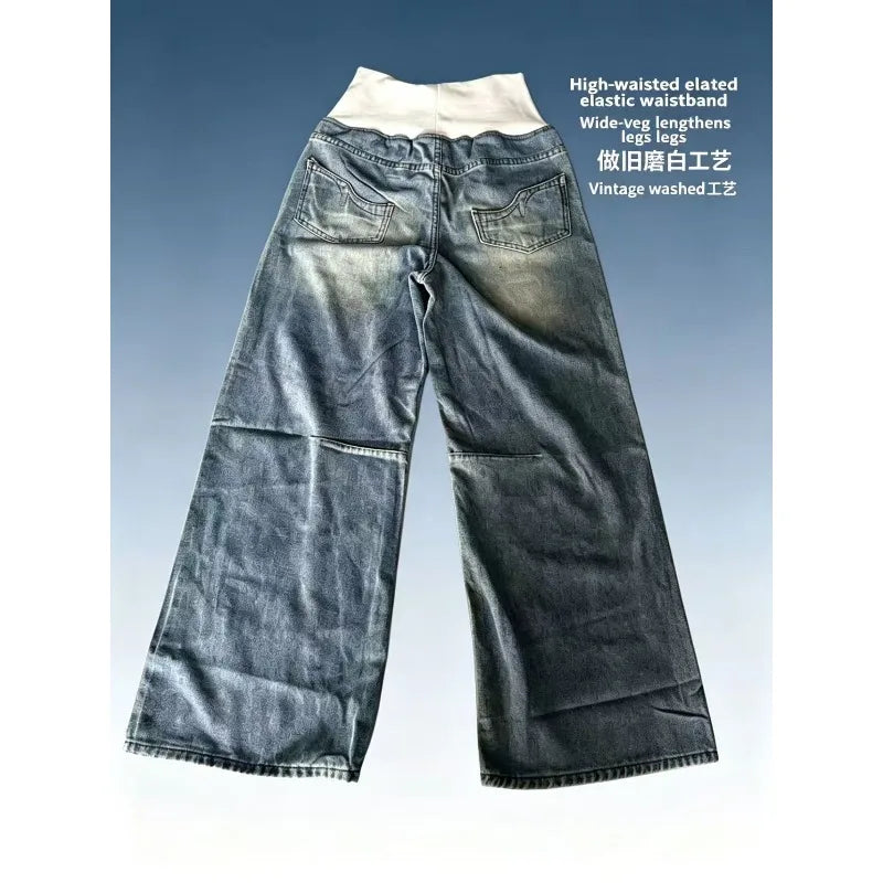 Women's Washed Elastic Waist Wide Leg Denim Jeans