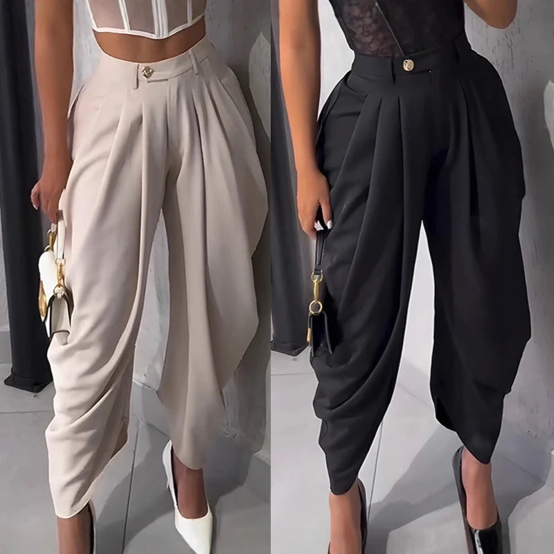 Women's Pleated Harem Pants with Tapered Legs and Waistband