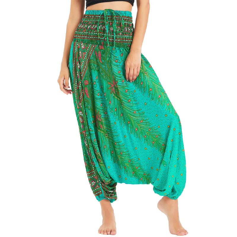 Women's Printed Rayon Harem Pants with Elastic Waist and Convertible Styling
