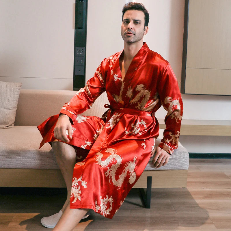 Men's Dragon Print Satin Long Sleeve Tie Waist Bathrobe