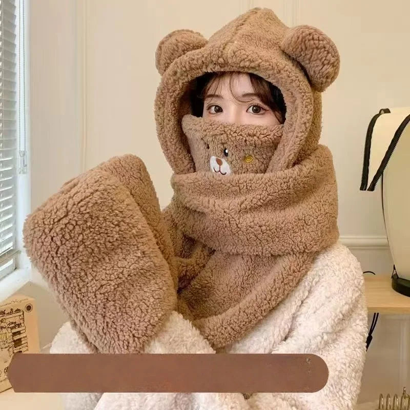 Teddy Bear Plush Hooded Hat Scarf and Gloves Integrated Winter Set