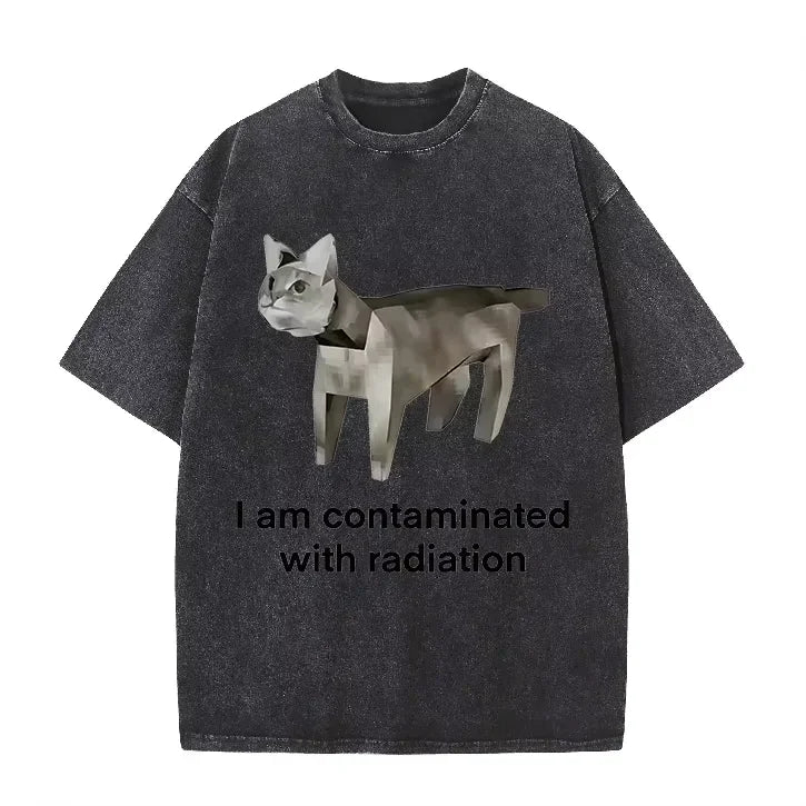 Vintage Washed Green Low Poly Radiation Cat I Am Contaminated Funny Meme Casual T Shirt