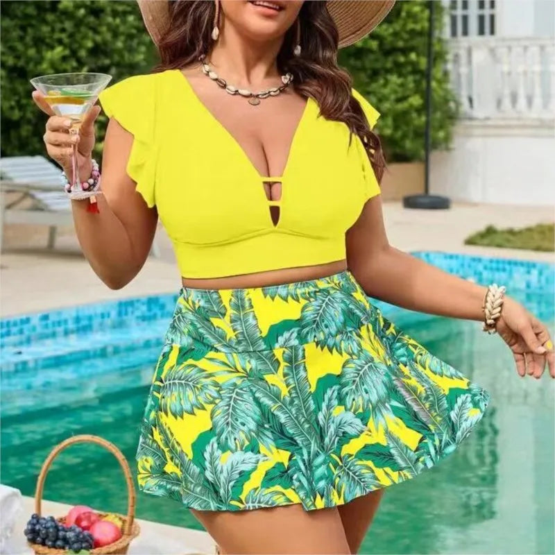 Women's Flutter Sleeve Crop Top and Printed Skirted Bikini Set