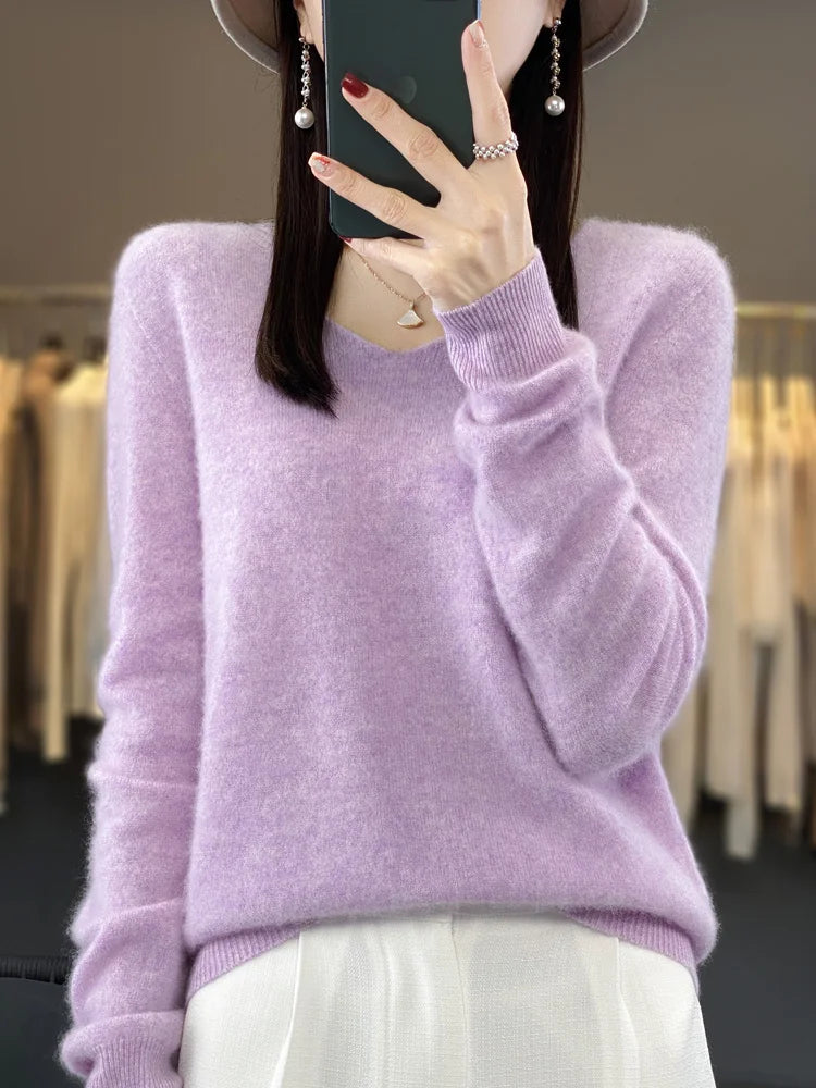 Women's V Neck Long Sleeve Sweater Casual Knit Layer