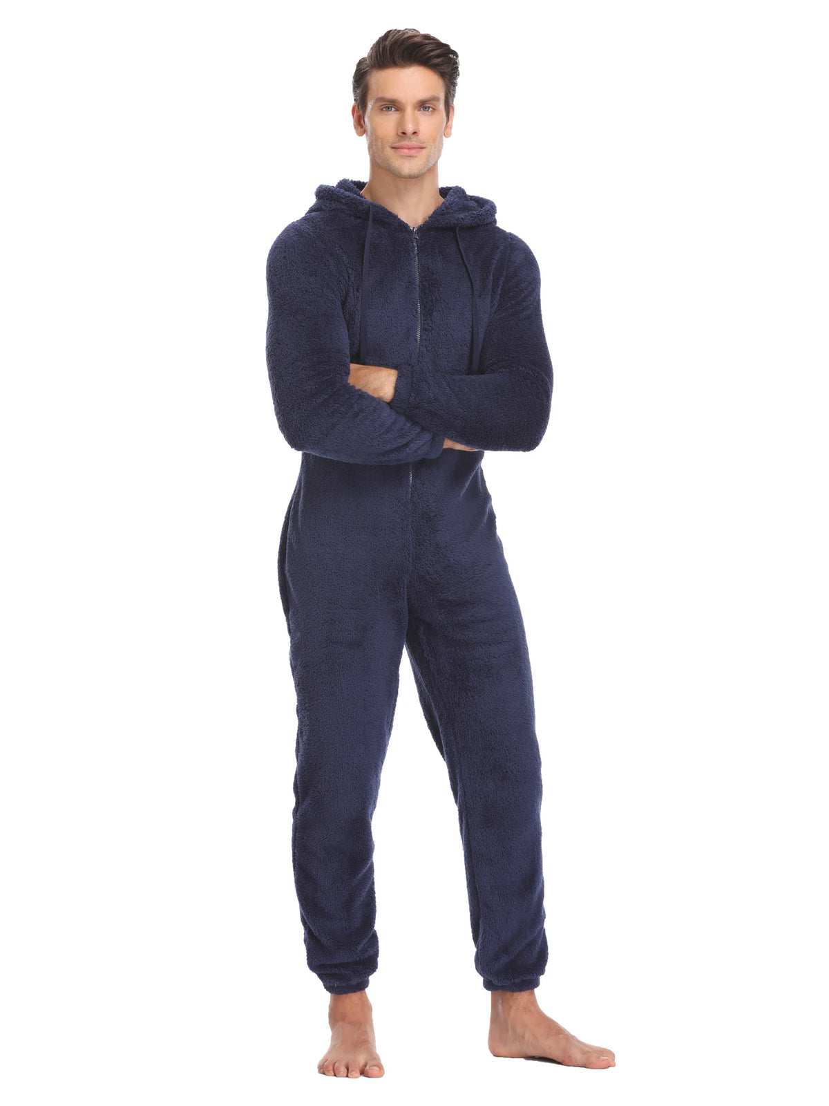 Men's Hooded Long Sleeve Zip Front Plush Pajama Jumpsuit